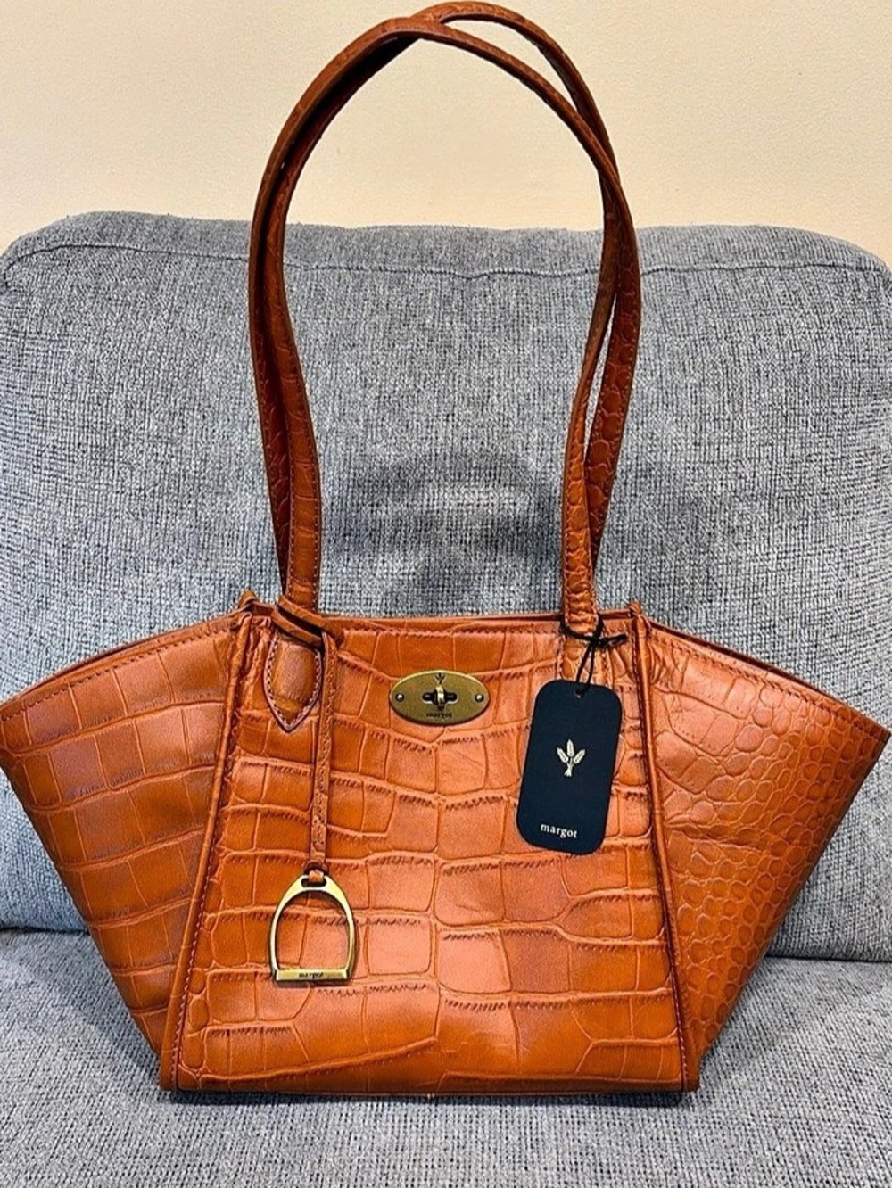 Margot Phoebe Tote Crocodile Embossed Leather Brown